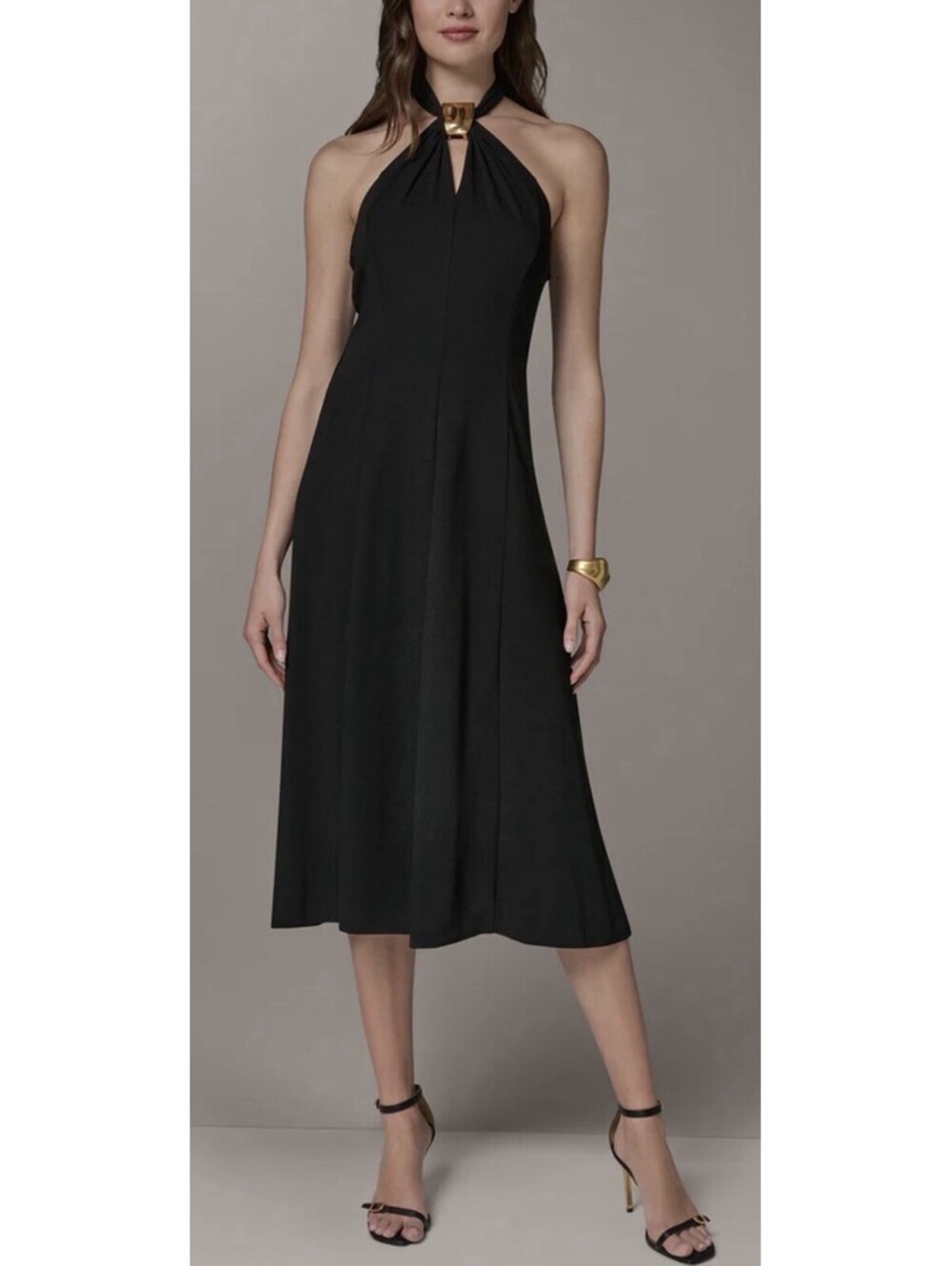 New Donna Karan Sleeveless Midi A-Line Halter Dress In Black Size 12 $199